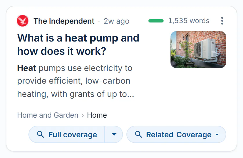 One News result card: the source line with a tone bar and word count, the headline and summary with a picture, the topic path, and the Full coverage and Related Coverage buttons