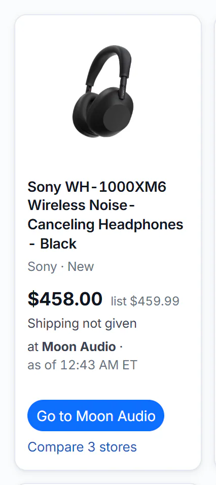 A single product card from the results: a photo, the title, the brand and condition, the price with the list price beside it, a shipping line, the store and the time the price was checked, and the buttons Go to the store and Compare stores