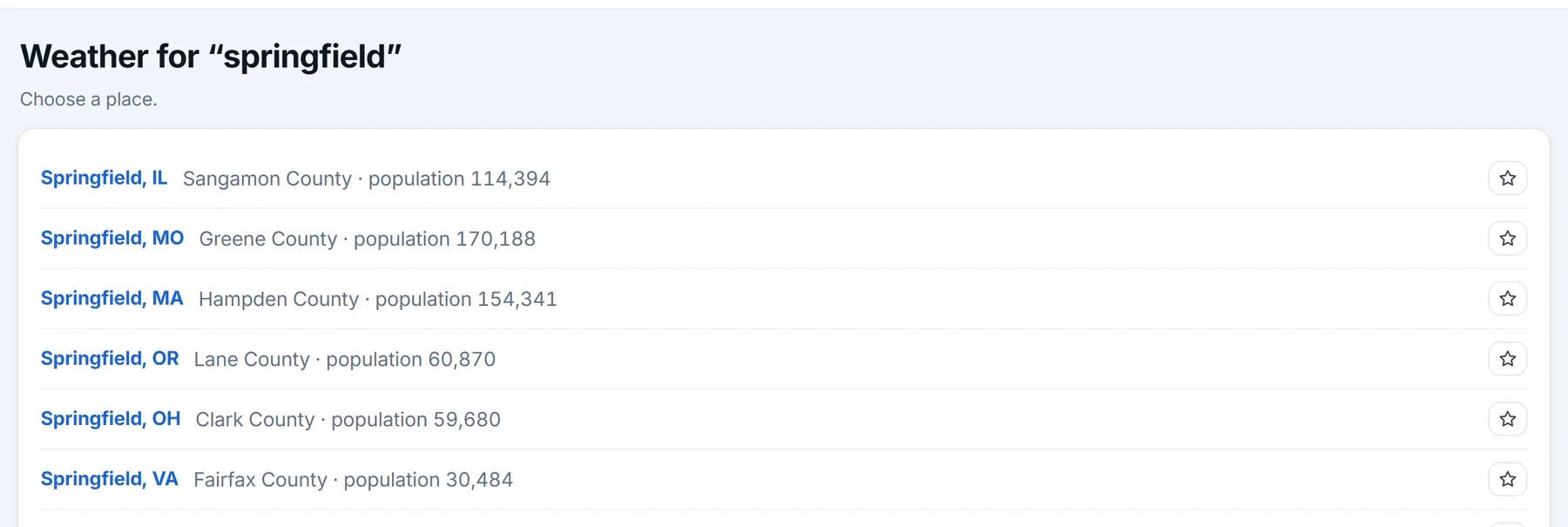 The list of places that match springfield: each with its county and population, and a star to follow it